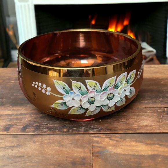 Slavia Glassworks Crystal Hand Painted Floral 24kt Gold Cranberry Red Czech